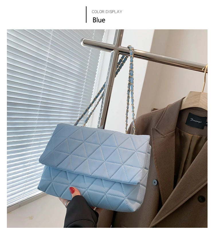 Fashion Blue Pu Flap Bag Golden Large Capacity Niche Geometric Handbag Women's Bag Embroidery Thread Metal Chain Shoulder Bag