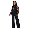 Fashion Women's Clothing Hollow Long-sleeved Loose Wide Leg Jumpsuits Overall Pants Solid Color Sexy Lace
