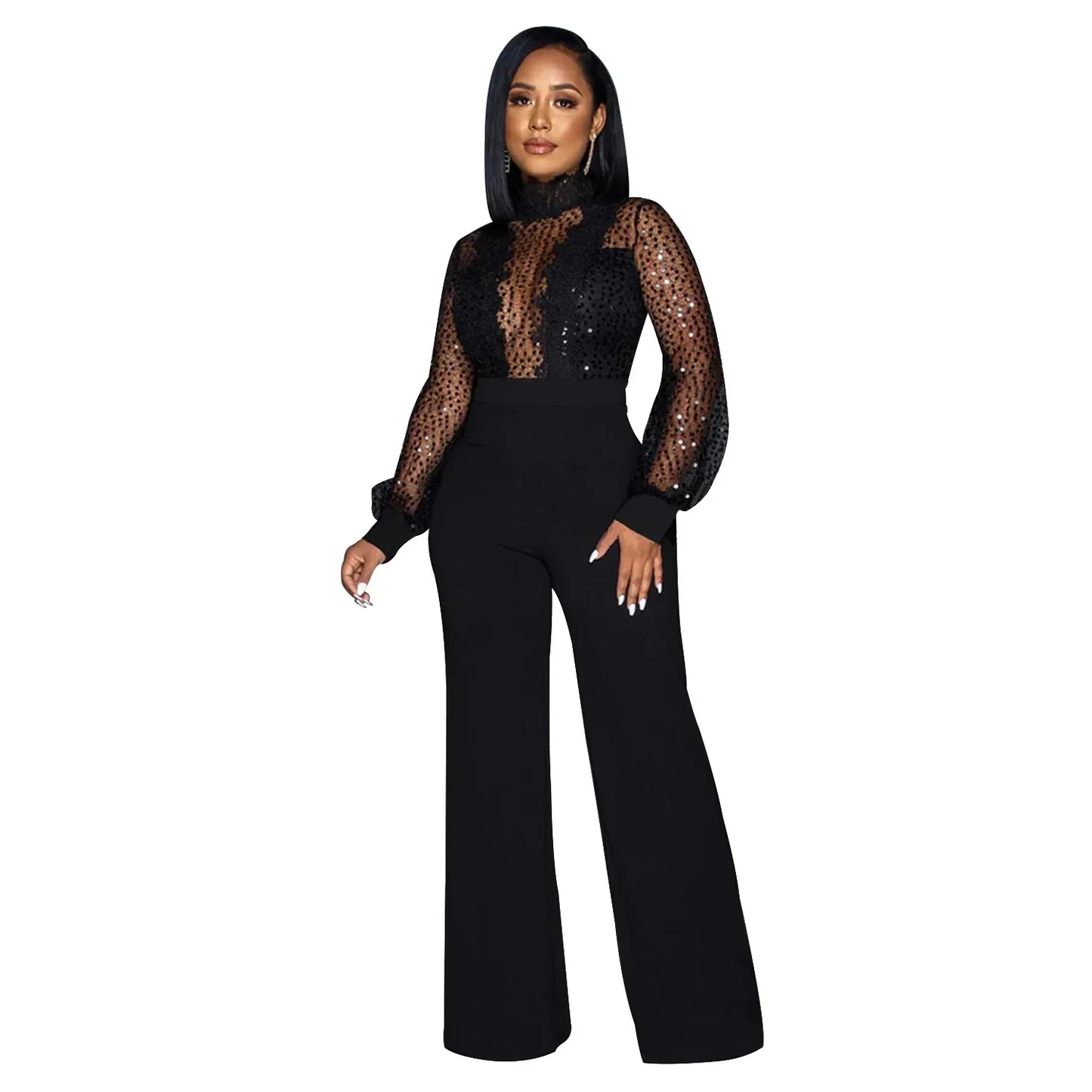 Fashion Women's Clothing Hollow Long-sleeved Loose Wide Leg Jumpsuits Overall Pants Solid Color Sexy Lace