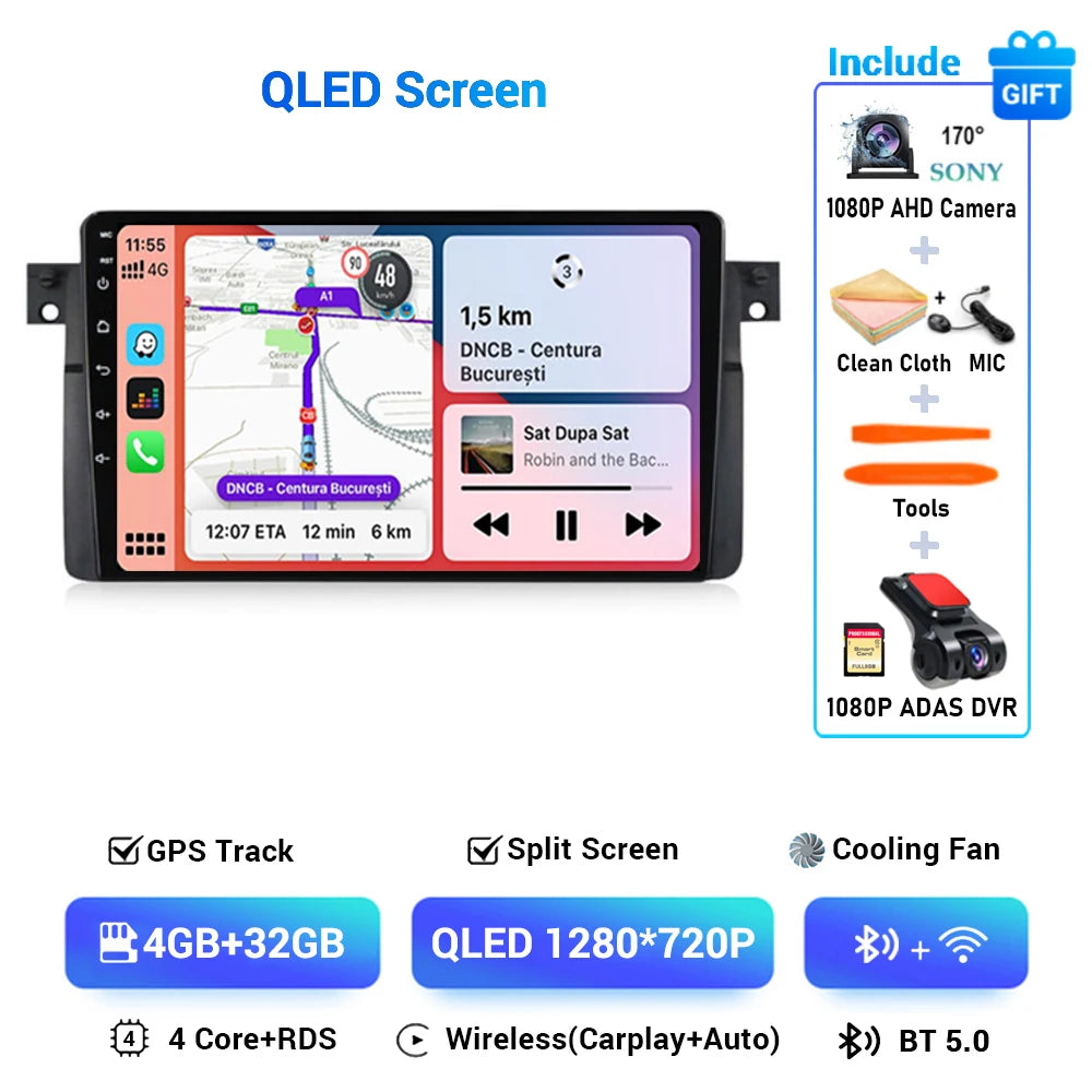 Android 14 Wireless CarPlay Auto for BMW E46 M3 318/320/325/330/335 4G+WIFI Car Radio Multimedia GPS Video Player 360 Camera DSP