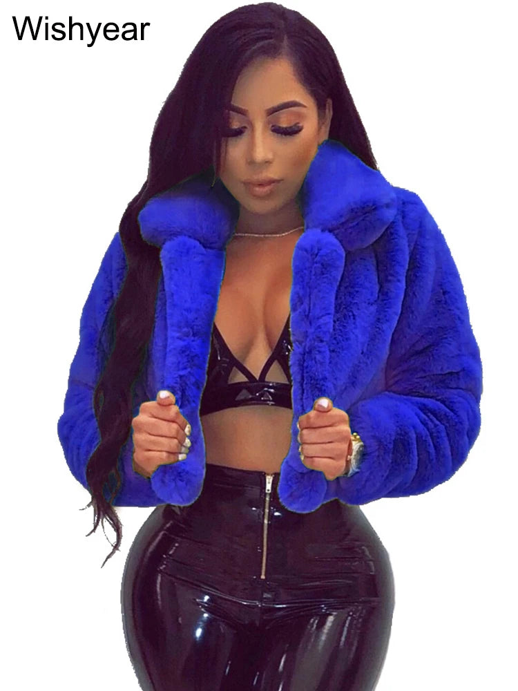 Fashion Faux Fur Open Stitch Lapel Crop Jackets Women Clothing Autumn Winter Solid Long Sleeve Warm Furry Fluffy Coat Outer Wear