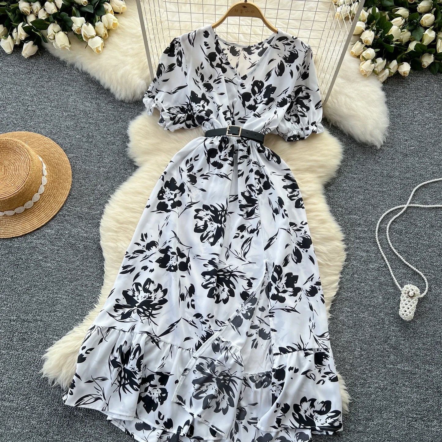 Summer Pleated Women Buttons Dresses Casual Beach Holiday Short Sleeve V Neck Woman Midi Dress Bohemian Mujer Vestidos