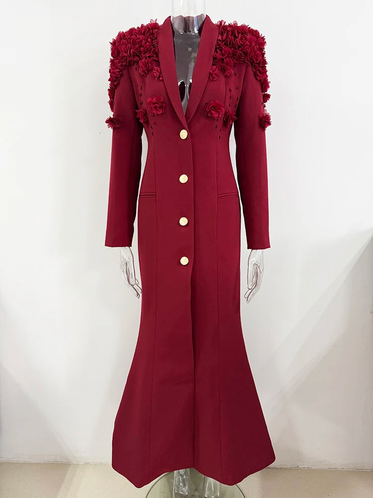 HIGH STREET Newest Fashion 2025 Designer Maxi Dresses Women's Long Sleeve Stunning Flowers Appliques Beaded Long Dress