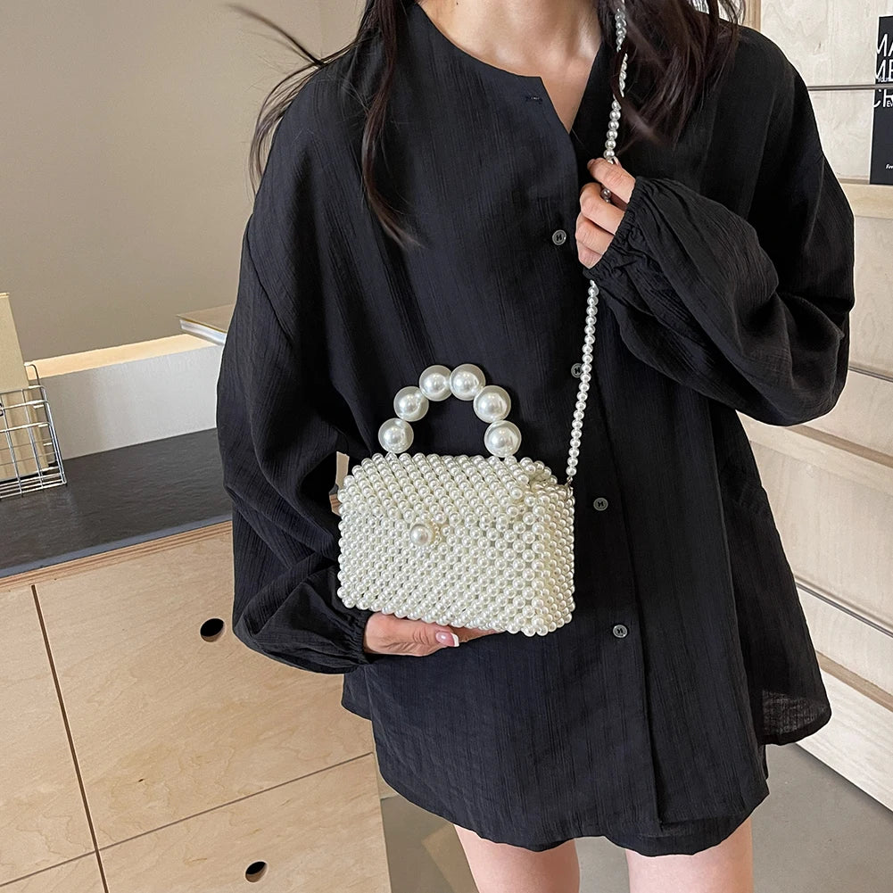 2024 Newest Handmade Pearl Knitting Evening Handbag Luxury Women's Snall Crossbody Bag High-end Hand-Woven Elegant Clutch Purses