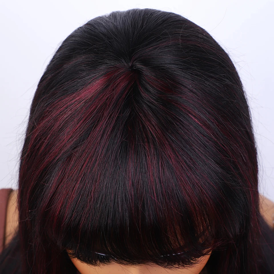 Lekker 24" Long Highlight Burg Red Bone Straight Human Hair Wigs With Bangs For Women Brazilian Remy Hair Full Machine Made Wigs