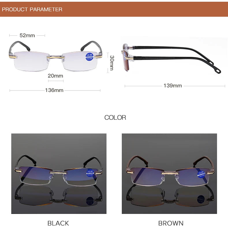 Men Blue Light Blocking Reading Glasses Women Dimond Cutting Rimless Eyeglasses Frame Anti Fatigue Hyperopia Presbyopic Eyewear