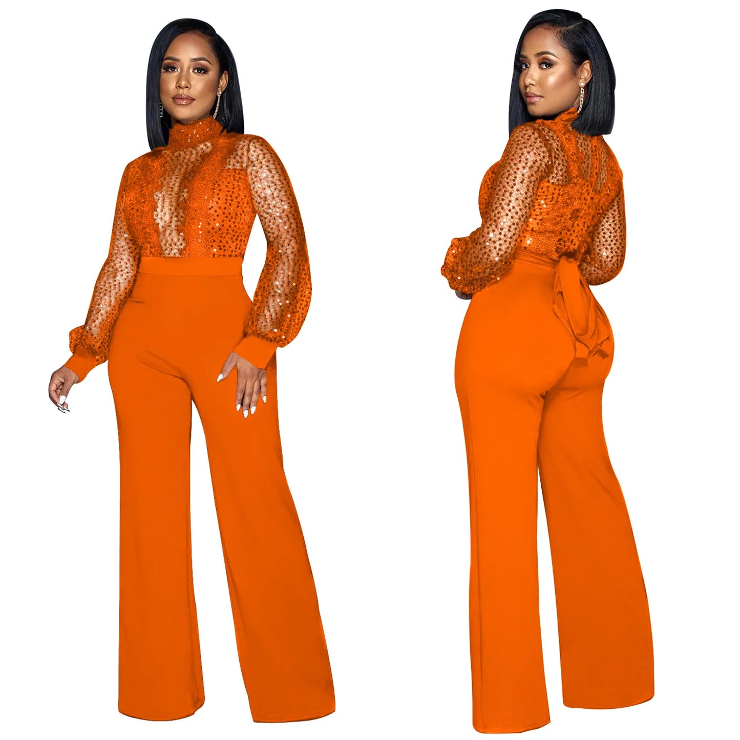 Fashion Women's Clothing Hollow Long-sleeved Loose Wide Leg Jumpsuits Overall Pants Solid Color Sexy Lace