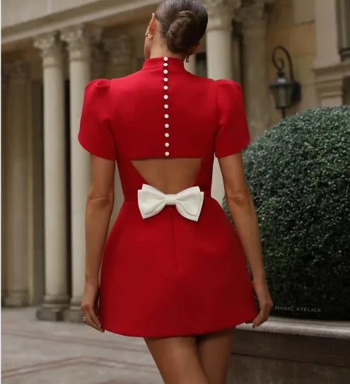 Elegant Womens Luxury Hollow Out Red Bow Casual Mini Dress Bow Evening Party Formal Short Dresses New Black White Gowns Street