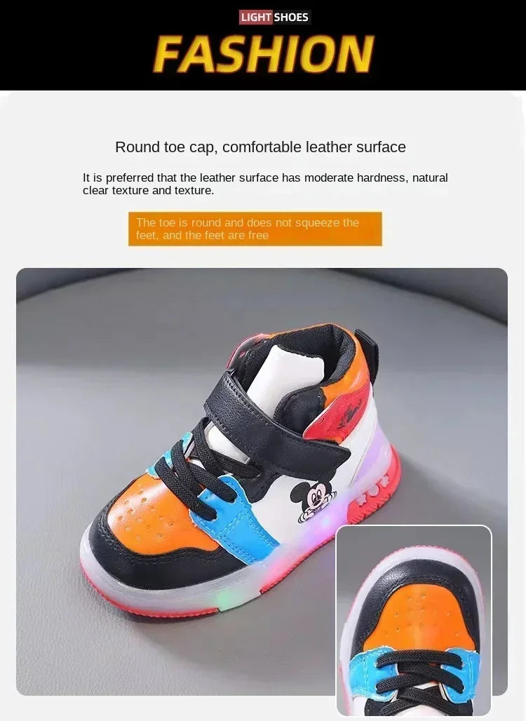 Disney Children's Sneakers Boys Girls Mickey Led Light Sport Shoes Student Shoes Hook Anti-slip Kids Outdoor Shoes Basket Shoes
