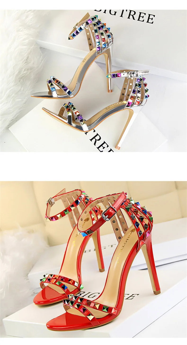 Summer Women Roman High Heels Rivets Studded Sandals Stiletto Gladiator Pumps Open Toe Luxury Shoes Hollow One-word Buckle 267-2