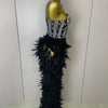 Stock 2025 Women Sexy Sparkly Rhinestone Mesh Feather Long Dress Elegant Evening Party Celebrate Birthday Performance Costume