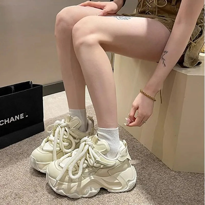 Black Platform Women's Sneakers 2024 Spring Lace-Up Thick Bottom Vulcanize Shoes Woman Pu Leather Breathable Sports Shoes Ladies