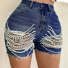 Denim Shorts Women Summer New High-waisted and Thin Handmade Bead Chain Ripped Hot Pants for Women