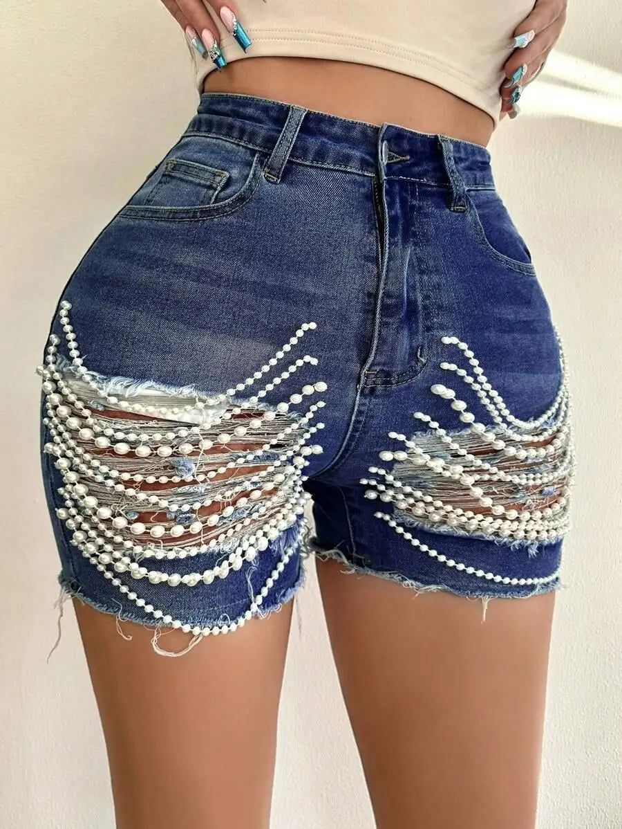 Denim Shorts Women Summer New High-waisted and Thin Handmade Bead Chain Ripped Hot Pants for Women