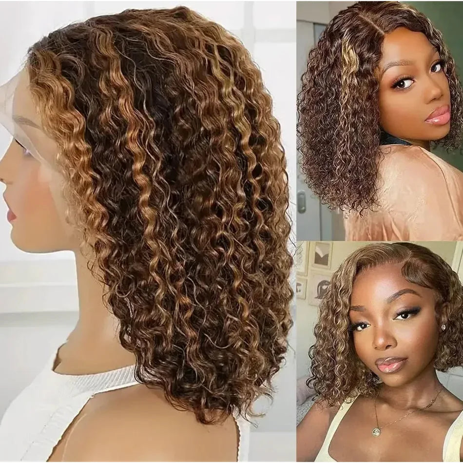 4/27 Deep Water Wave Short Bob Wigs Highlight Curly 13x4 Lace Front Wig Brazilian 100% Real Human Hair Wig Ombre Brown Short Wig