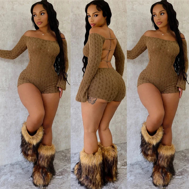2025 Spring Women's Clothes Above Knee Sexy Knit Rib Romper One Piece Off Shoulder Long Sleeve Skinny Short Jumpsuits Playsuits