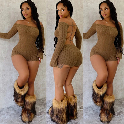 2025 Spring Women's Clothes Above Knee Sexy Knit Rib Romper One Piece Off Shoulder Long Sleeve Skinny Short Jumpsuits Playsuits
