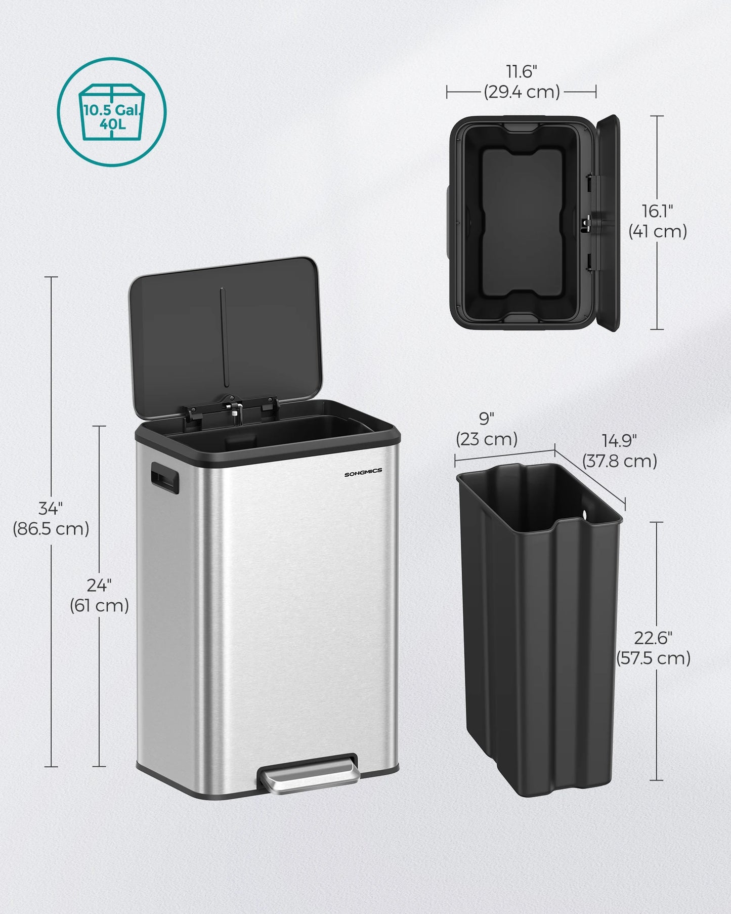 SONGMICS Kitchen Trash Can, 10.5-Gallon (40L) Garbage Can with Lid and Wide Foot Pedal, Soft Close and Stays Open