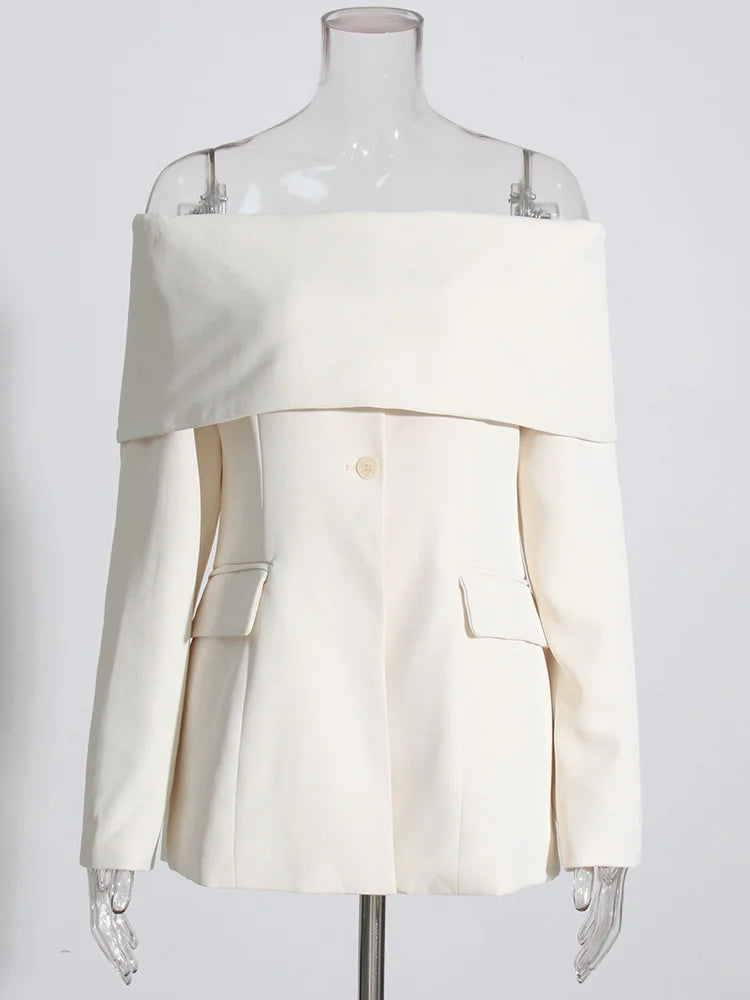TWOTWINSTYLE Slash Neck Chic Blazers For Women Off Shoulder Long Sleeve Patchwork Single Button Solid Coat Female Clothes 2022