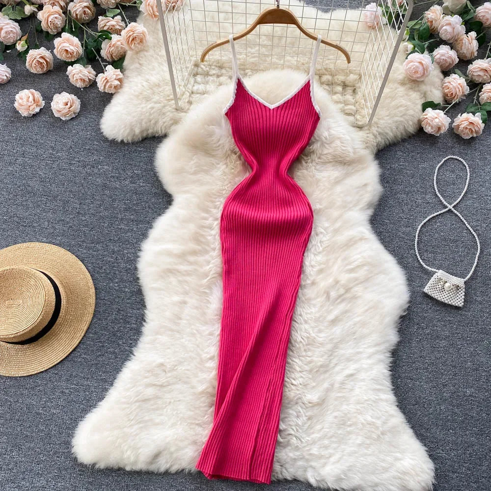 Summer V Neck Knit Sexy Strap Dress Women Elatic Waist Bodycon Sundress Female Beach Backless Maxi Long Dress
