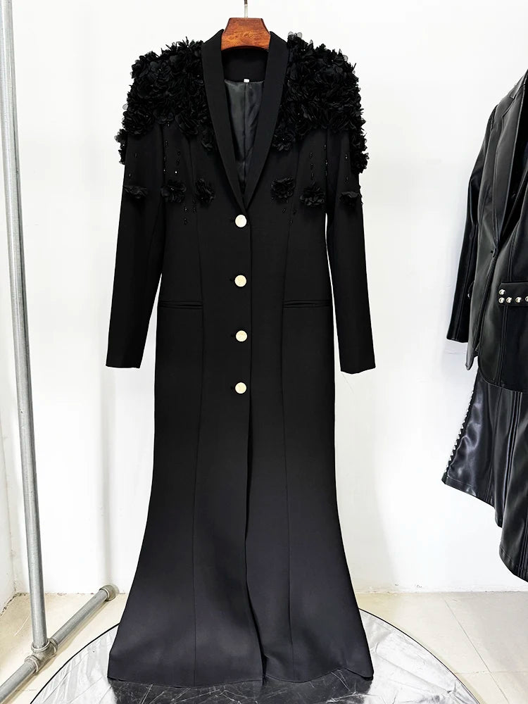 HIGH STREET Newest Fashion 2025 Designer Maxi Dresses Women's Long Sleeve Stunning Flowers Appliques Beaded Long Dress