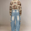 BWQ Washed Denim Women's Set Full Sleeve Floral Jacket and Pockets Cargo Jeans Pants Suit 2025 Street Two 2 Piece Set Outfit