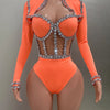 Sexy See-Through Strapless Rhinestone Tops Zipper Jacket High-waisted Shorts 3-Pieces Sets Party Nightclub Perfprmance Costume