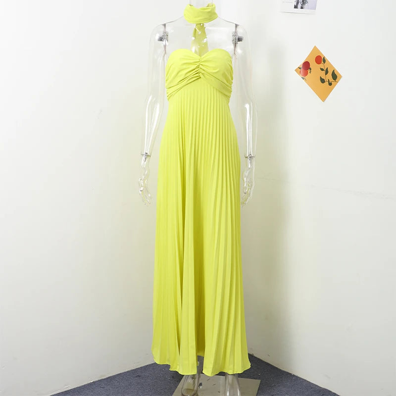 Strapless Ribbon Maxi Dress Women Elegant Sleeveless Backless Pleated Party Dresses Female 2025 Summer Sexy Lady Evening Vestido