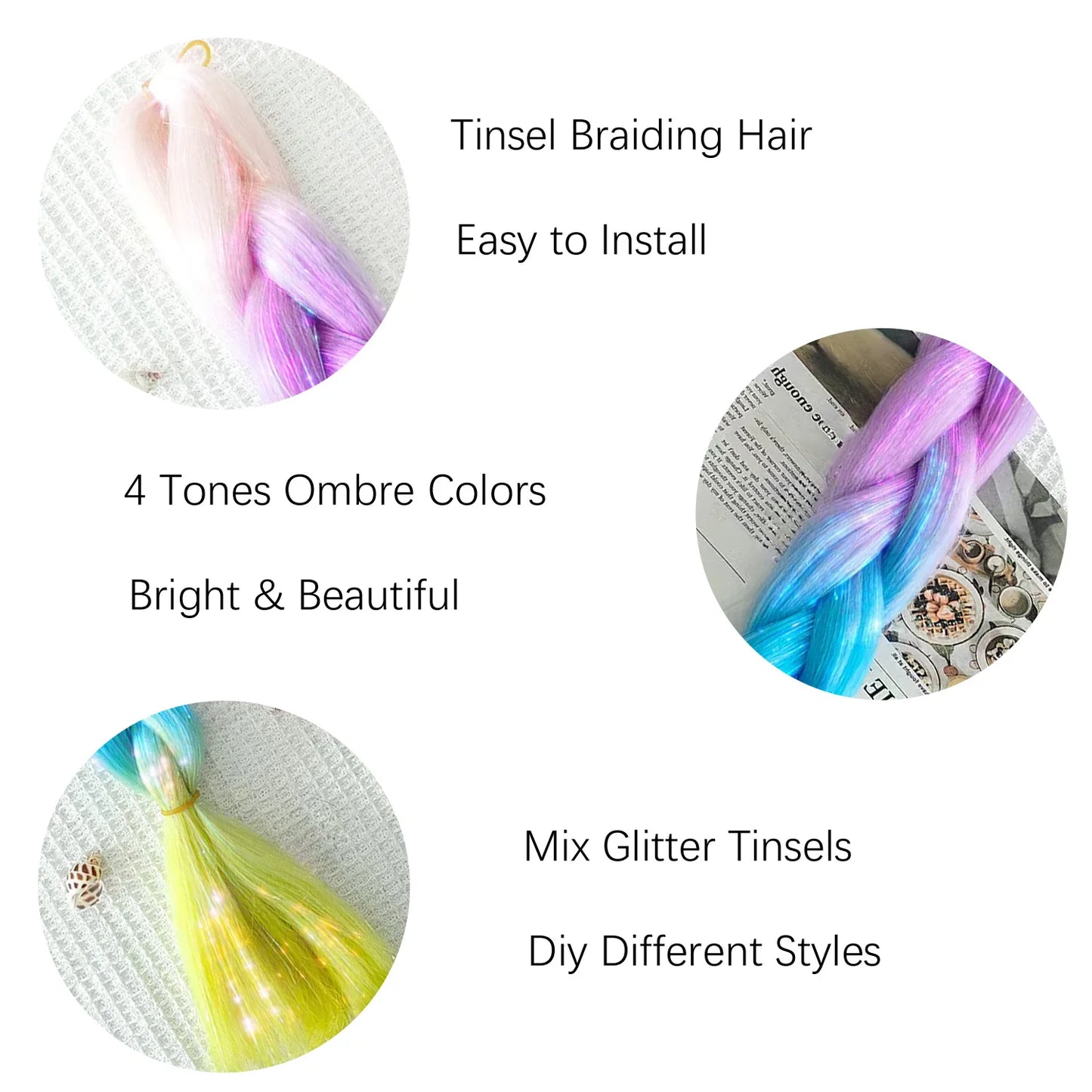Synthetic Tinsel Braiding Hair 4 Tones Ombre Color White Purple Blue Yellow Jumbo Braids Mixed tinsels For Festival Party
