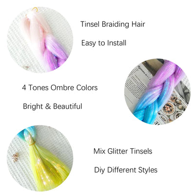 Synthetic Tinsel Braiding Hair 4 Tones Ombre Color White Purple Blue Yellow Jumbo Braids Mixed tinsels For Festival Party