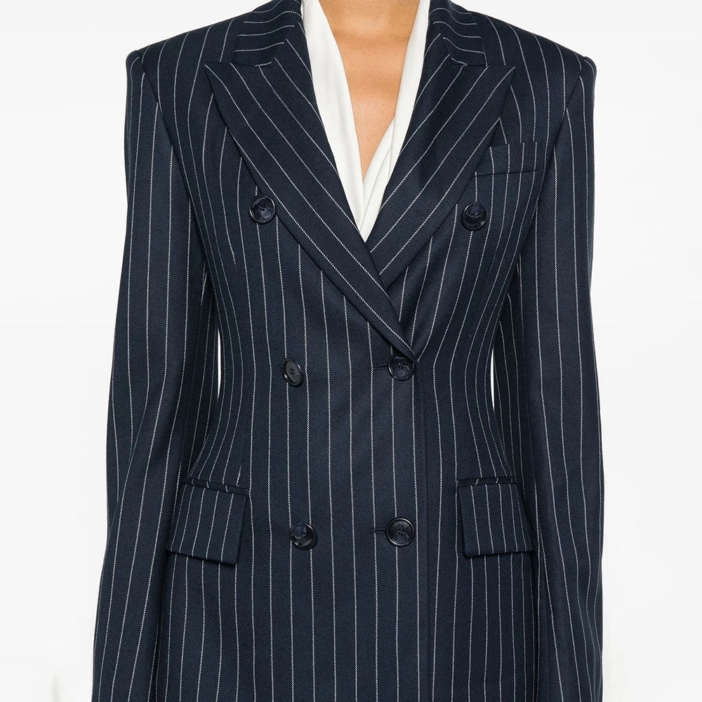 TWOTWINSTYLE Striped Temperament Blazers For Women Notched Collar Long Sleeve Tunic Patchwork Double Breasted Coats Female New
