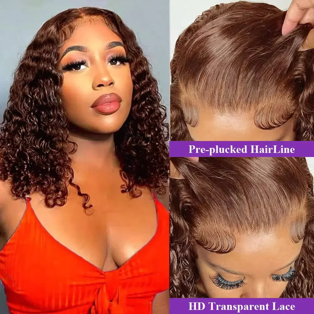 Brown Curly Lace Front Human Hair Wigs 200 Density 13x4 Full Frontal Brown Colored Deep Water Wave Wigs HD Lace Wigs