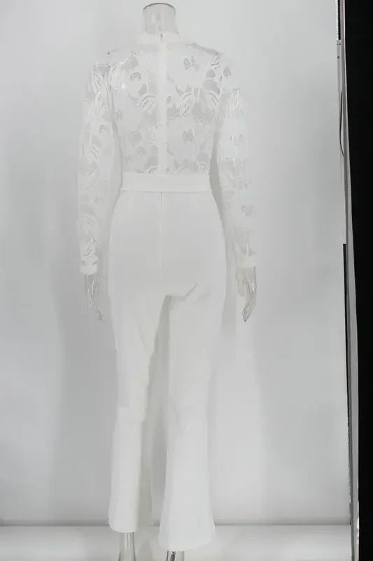 White Jumpsuit Women Overalls Elegant Lace Long One Piece High Waist Feather Y2k Sexy Wedding Party Night Evening Rompers