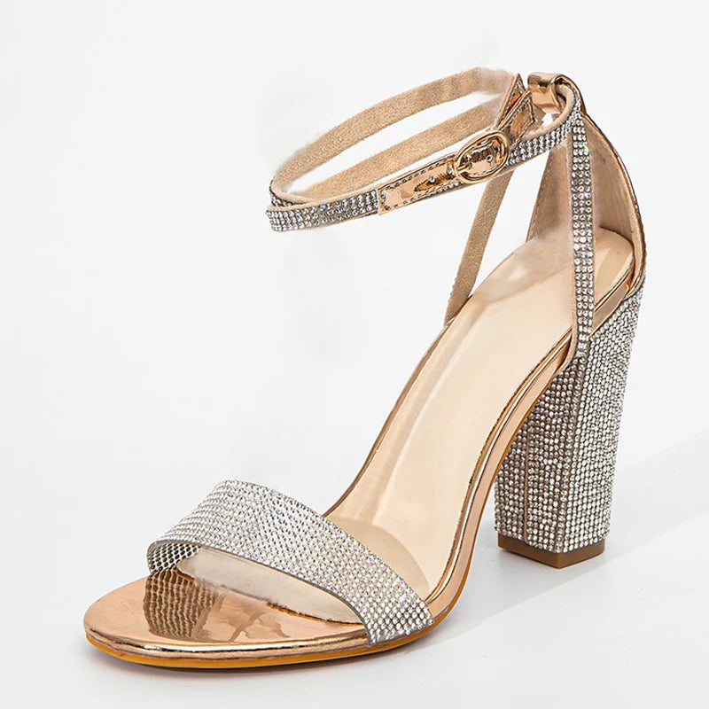 Liyke Sexy Crystal Ankle Strap Sandals Women Elegant Party Wedding Rhinestone High Heels Summer Open Toe Ladies Dress Shoes Gold
