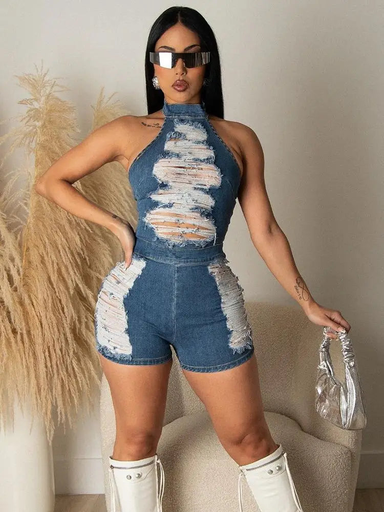 Cross border women's clothing new product from Europe and America, slim fit backless wash denim