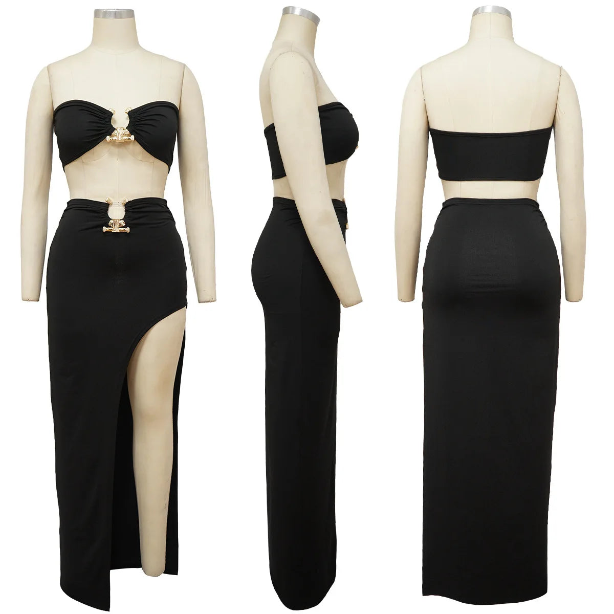 Women Two Piece Set Solid Color Breast Wrap Top and Irregular Slit Long Skirt Suit Lady Streetwear Mini Skirt Club Party Outfits