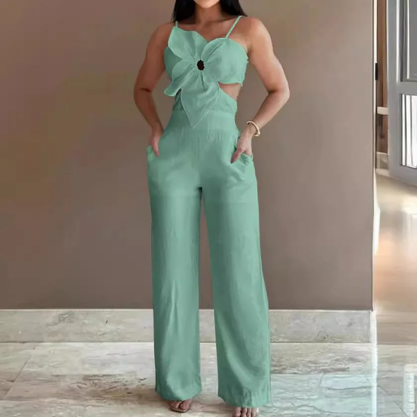 2024 Summer Fashion White Jumpsuit Women Floral Pattern Shirred Hollow Out Casual Asymmetrical Neck Pocket Backless Jumpsuits