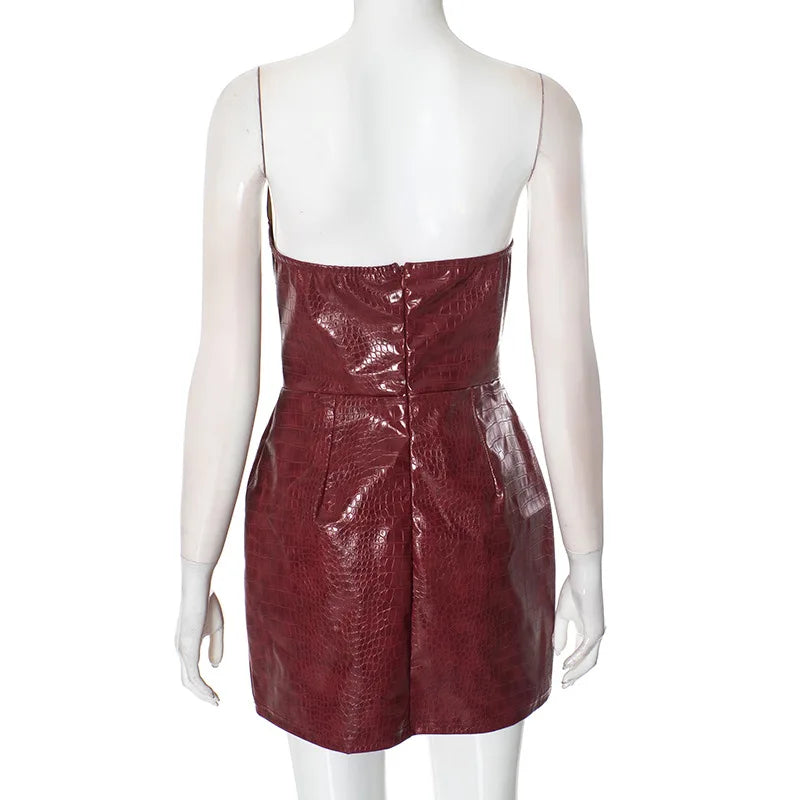 Luxury Leather Strapless Short Dress Women's Hot Summer Backless Sexy Party Curvy Dresses 2025 Evening Red Brown Hip Pacage  Y2K