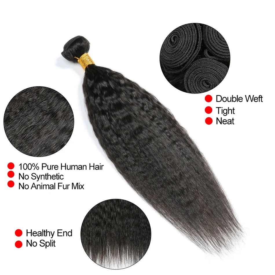 Kinky Straight Human Hair 3 Bundles With Closure Yaki Straight Hair Bundles With 4x4 Closure Human Hair Bundles With Closure