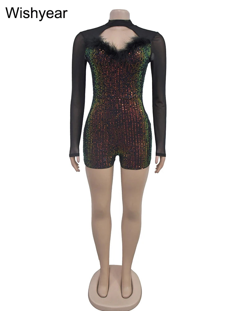 Wishyear Sexy Feather Mesh Patchwork Sequins Night Club Jumpsuits Shorts for Women Glitter Birthday Overalls Christmas Playsuits