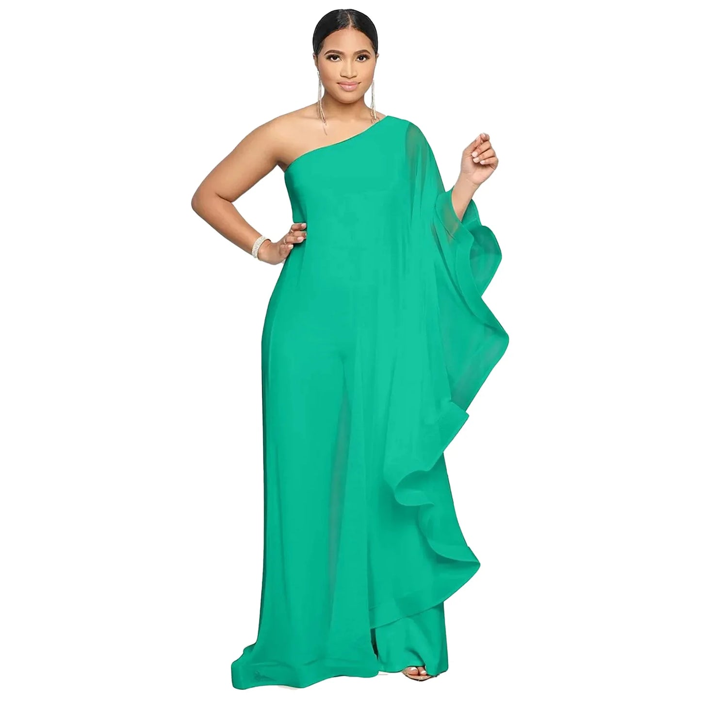 Sexy Chic Women One Shoulder Jumpsuit Chiffon Long Sleeve Prom Party Clothes Designer One Piece Ruffles Rompers 2023