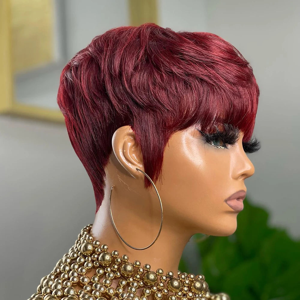 Chocolate Brown Short Pixie Cut Wig Human Hair For Black Women Machine Made Wigs With Bangs Brown Pixi Short Human Hair Wigs