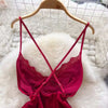 Women Sexy Red Ruched Mini Dress Sleeveless Backless Spaghetti Strap Dress Drawstring Bodycon Party Club Dress with Thong