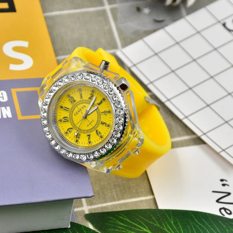 Luminous Quartz Watch for Women Personality Rhinestone Led Fashion Geneva Male and Female Students Couple Jelly Wrist Watches