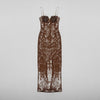 New Summer Dress 2024 Women Sexy Sleeveless Backless Mesh Sequins Brown Bodycon Maxi Dress Elegant Long Evening Party Dress