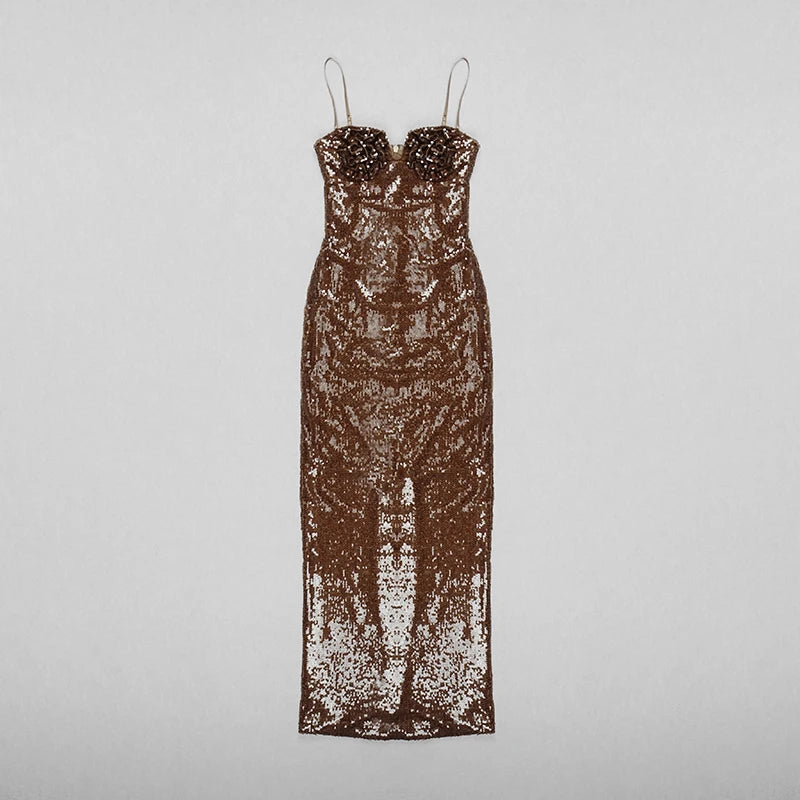 New Summer Dress 2024 Women Sexy Sleeveless Backless Mesh Sequins Brown Bodycon Maxi Dress Elegant Long Evening Party Dress