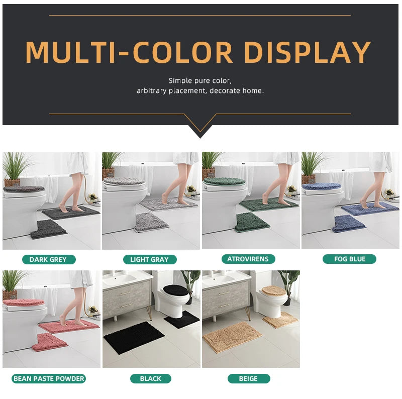 3-piece bathroom chenille floor mat, absorbent anti slip bathroom carpet, bathroom U-shaped foot mat, toilet lid, TPR anti slip