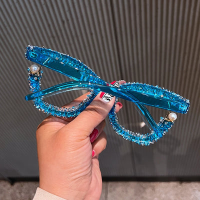 Full Diamond Oversized Blue Light Glasses for Women Fashion Thick Square Computer Eyewear Blue Red Pink Black Glasses