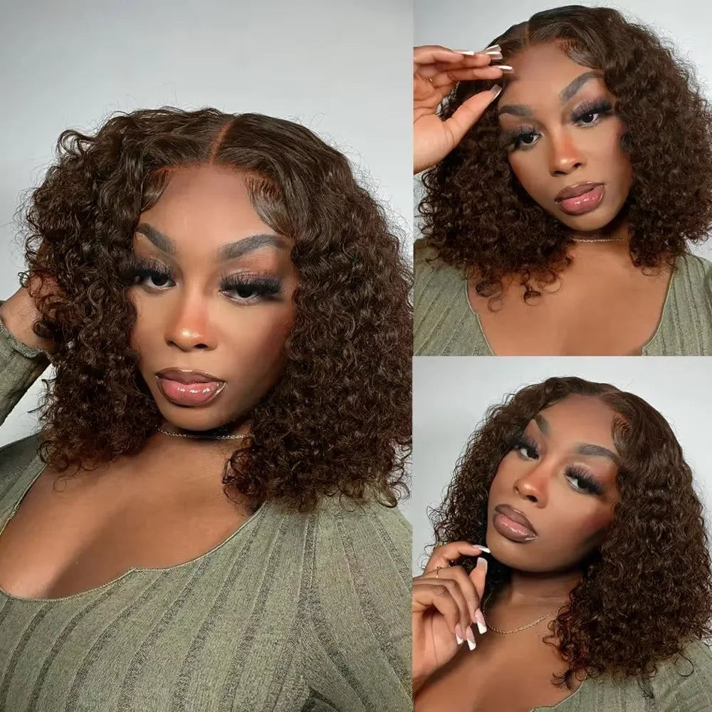 Brown Curly Lace Front Human Hair Wigs 200 Density 13x4 Full Frontal Brown Colored Deep Water Wave Wigs HD Lace Wigs