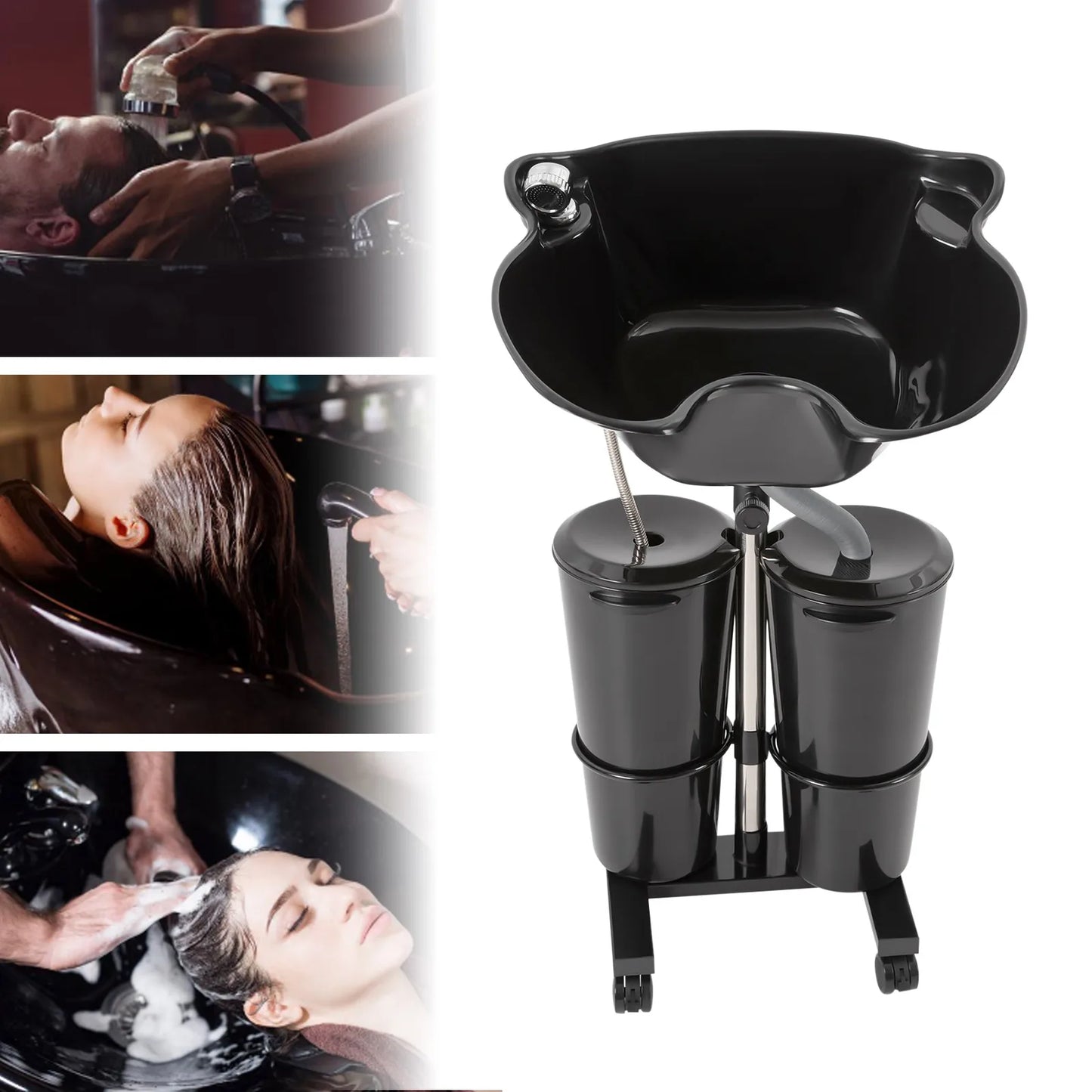 Portable Shampoo Basin with 2 Water Buckets 30cm Deep Salon Hair Washing Sink Adjustable Height Angle Mobile Shampoo Bowl Unit